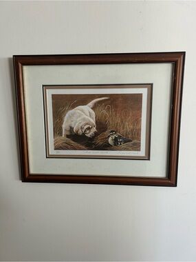 Framed Dog & Bird Print in Brown Wood Frame